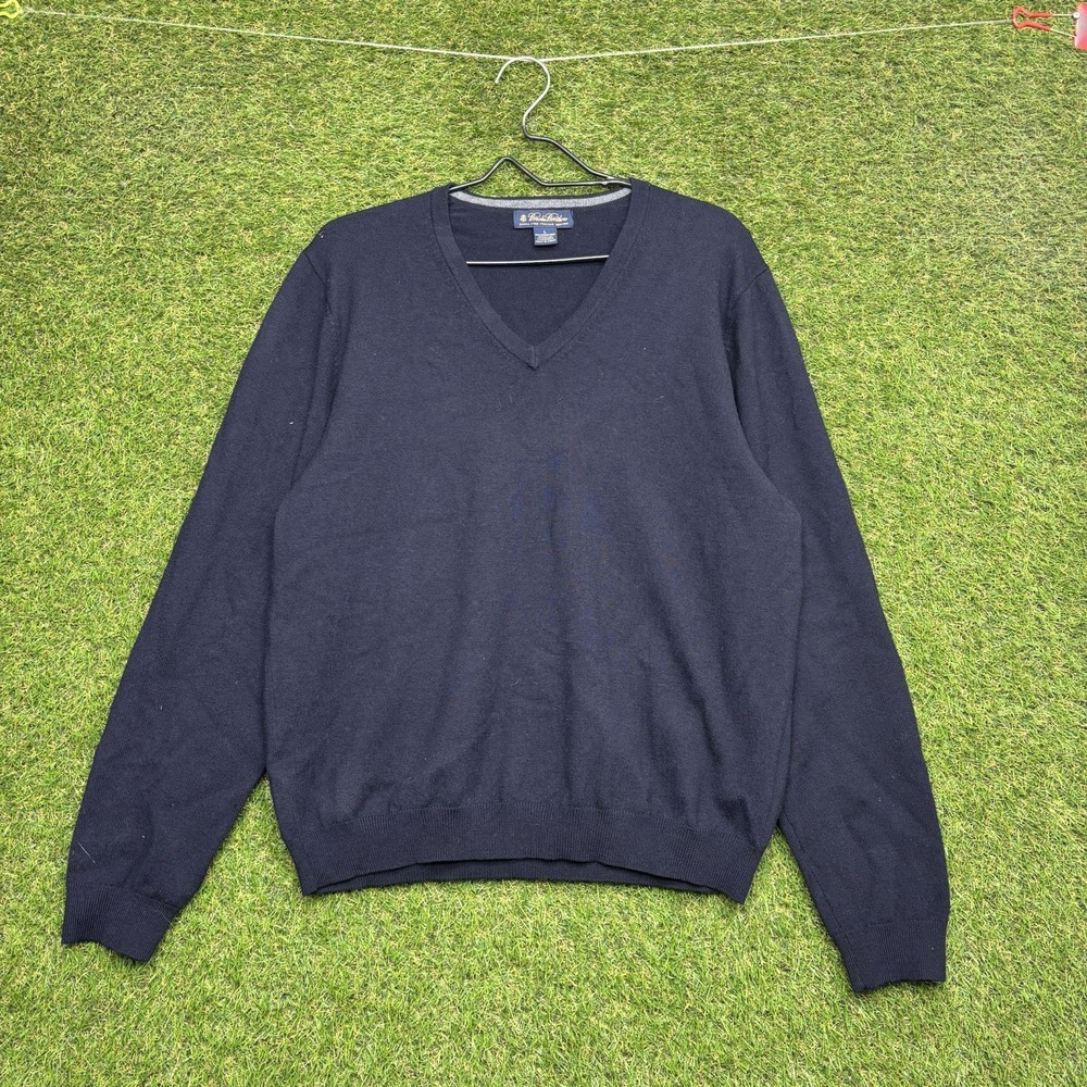 Brooks Brothers Merino Wool Sweater Mens Large Blue Pullover V Neck Dress